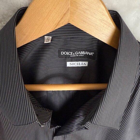 size 43/17 Dolce & Gabbana Mens Sicilia slim fit Black Pinstripe Button-Up dress - Picture 6 of 10